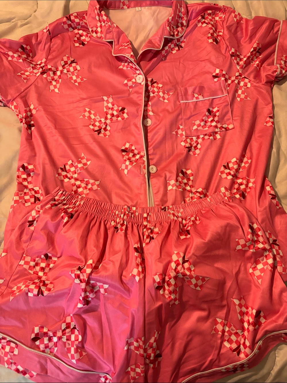 Pink Satin Two-Piece Pajama Set with Bow Print